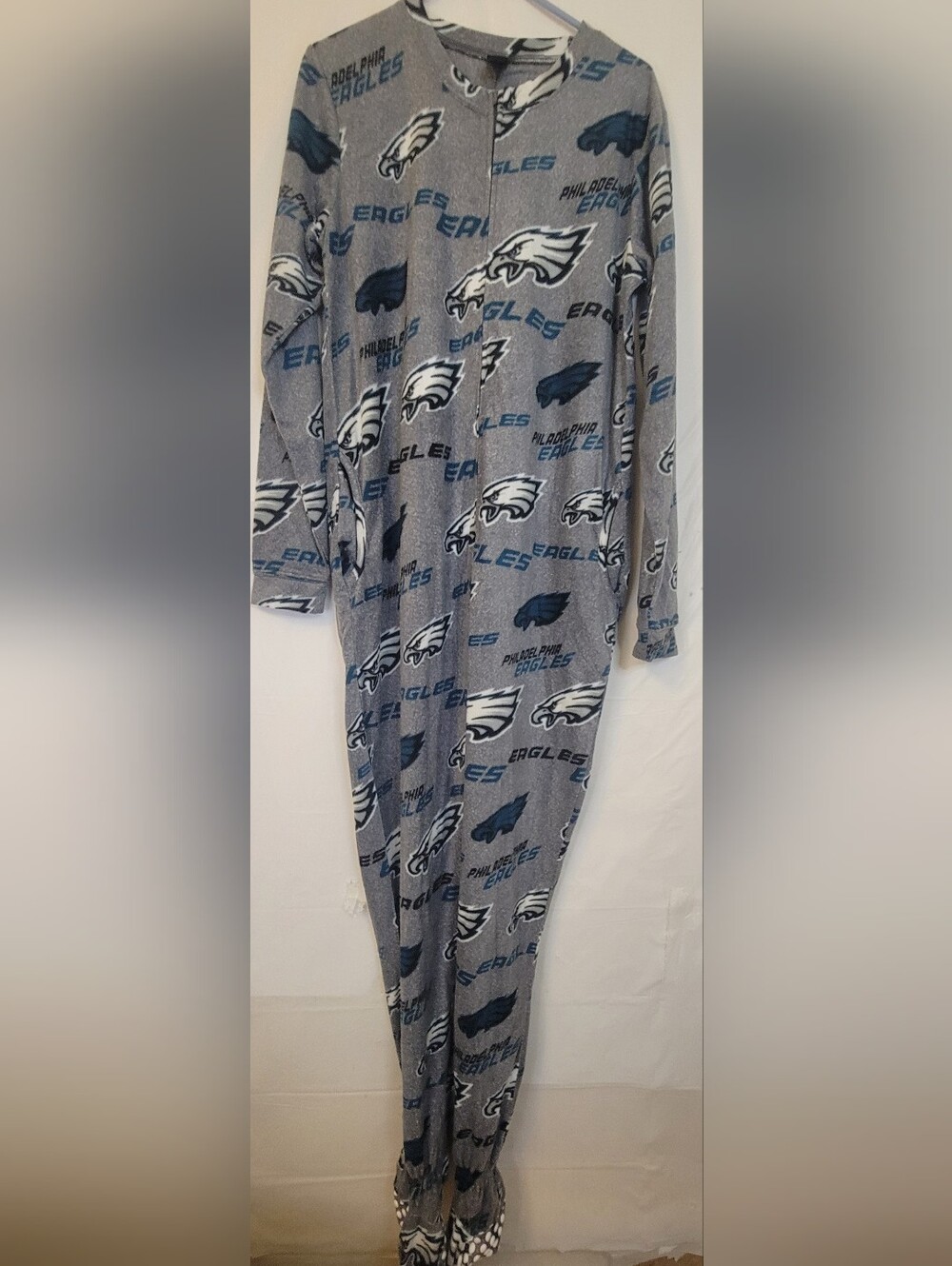 NFL Philadelphia Eagles Gray and White Fleece Pajama Onesie With Bag